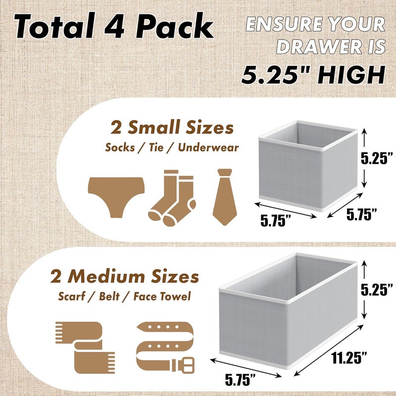 Simple Houseware Underwear Drawer Organizer for Sock/Bra/Undergarment/Panty/Onesie, Collapsible, Set of 4, Gray - Image 2